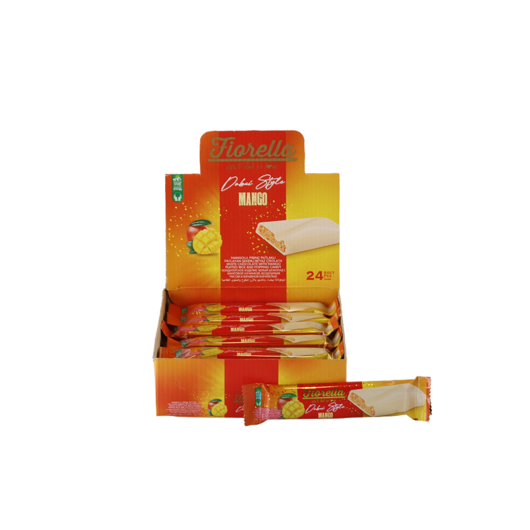 FIORELLA baltās šokolādes batoniņš ar mango garšas, rīsu kraukšķa un sprakstošām konfektēm 30g | Multum