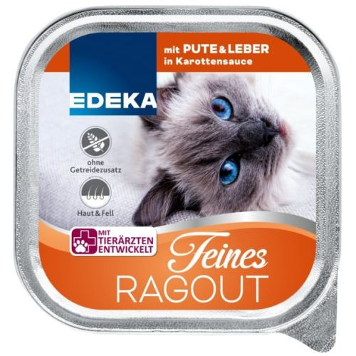 Edeka Feines Ragout  barība kaķiem ar tītaru un aknām burkānu mērcē 100g | Multum